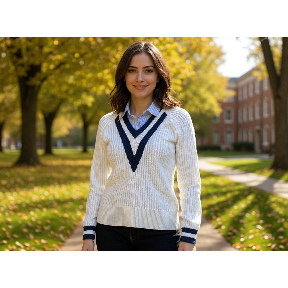 Classic White V-Neck Stripe Sweater